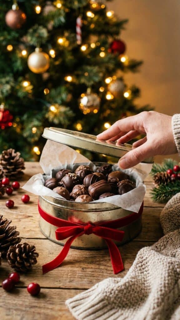 A holiday tin filled with homemade chocolate coconut candies.