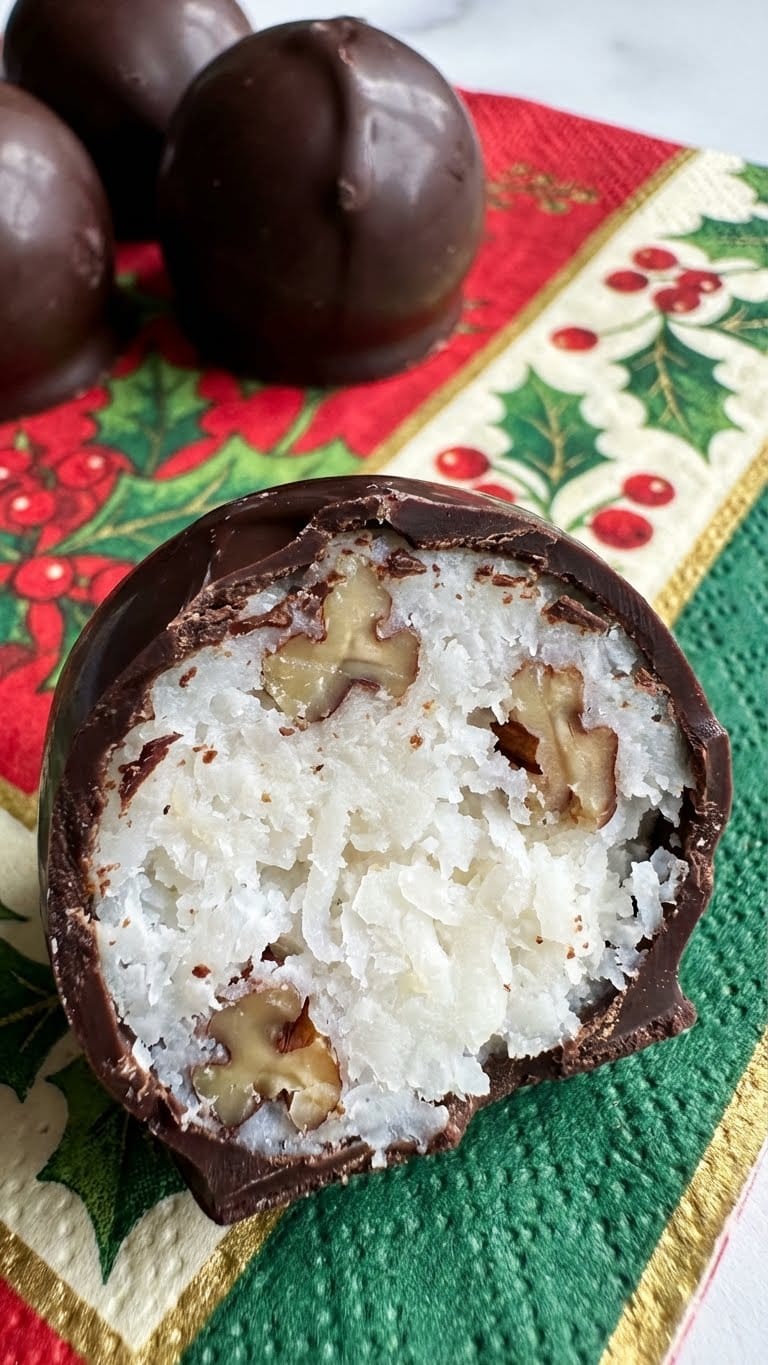 A chocolate dipped coconut pecan bonbon cut in half to show the white filling.