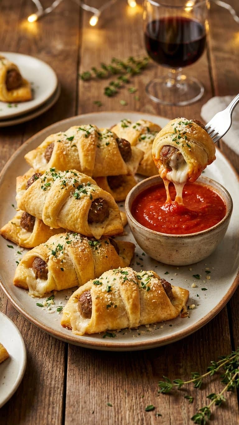 Golden brown meatball crescent roll-ups with marinara dipping sauce.