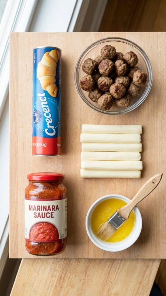 Flat lay of ingredients for meatball roll-ups including crescent rolls and string cheese.