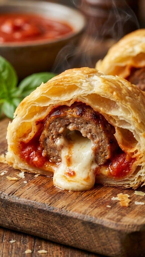 Close-up cross-section of a meatball roll-up showing the filling.