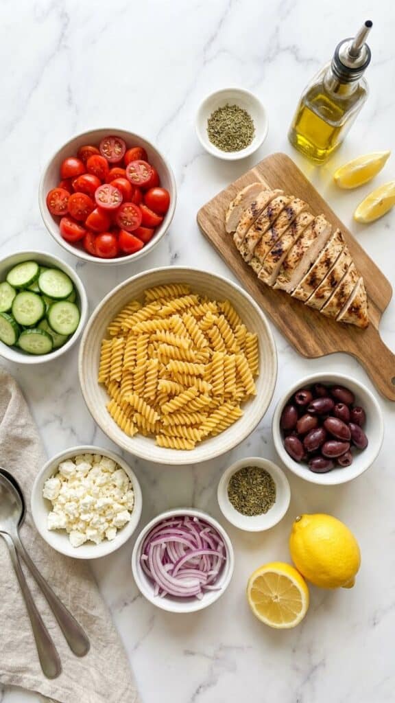 Ingredients for Mediterranean Chicken Pasta Salad including pasta, grilled chicken, vegetables, olives, and feta on a marble surface.