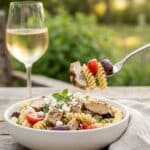 A plated serving of Mediterranean Chicken Pasta Salad in an outdoor setting with a glass of white wine.