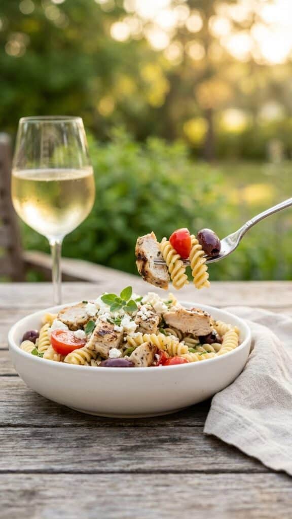 A plated serving of Mediterranean Chicken Pasta Salad in an outdoor setting with a glass of white wine.