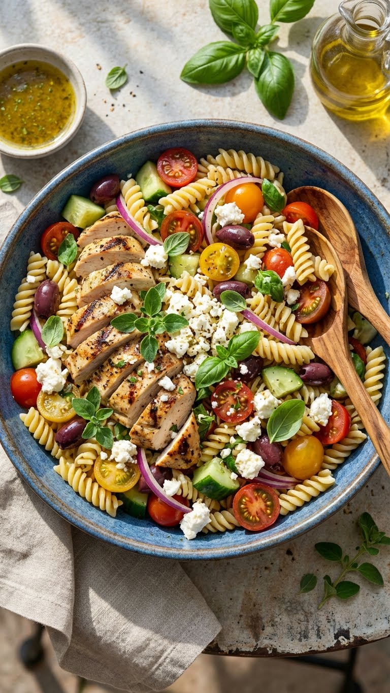 Close-up of a large bowl of Mediterranean Chicken Pasta Salad with grilled chicken, tomatoes, olives, and feta.