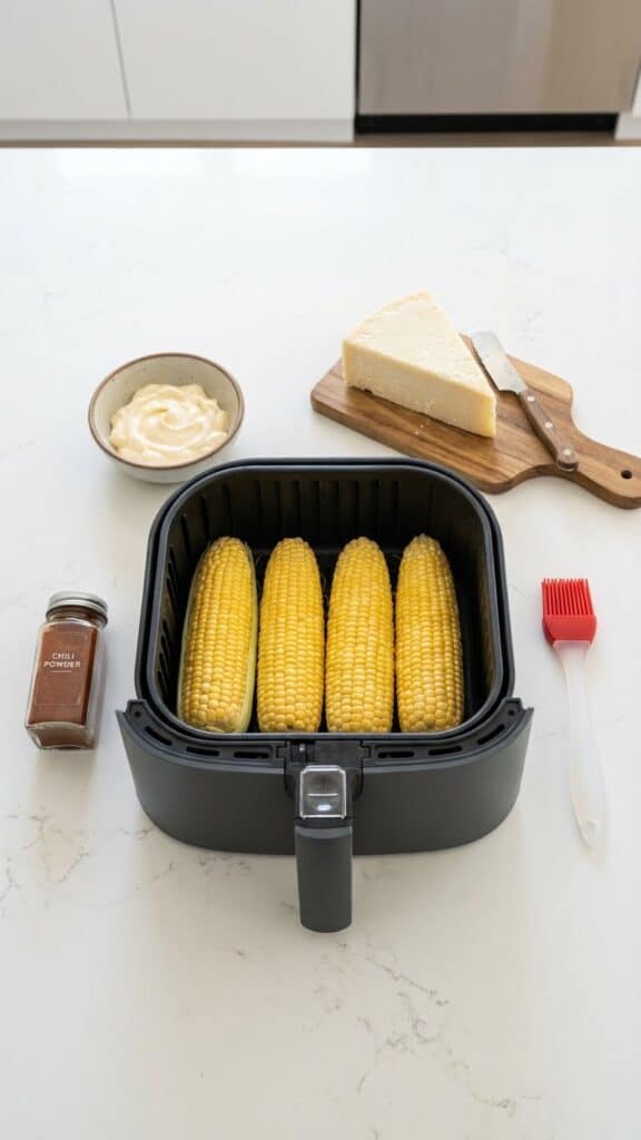 Ingredients for air fryer elote including raw corn in an air fryer basket, mayo, and cheese.