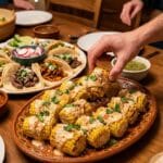 A platter of halved Mexican corn on the cob served with tacos for dinner.