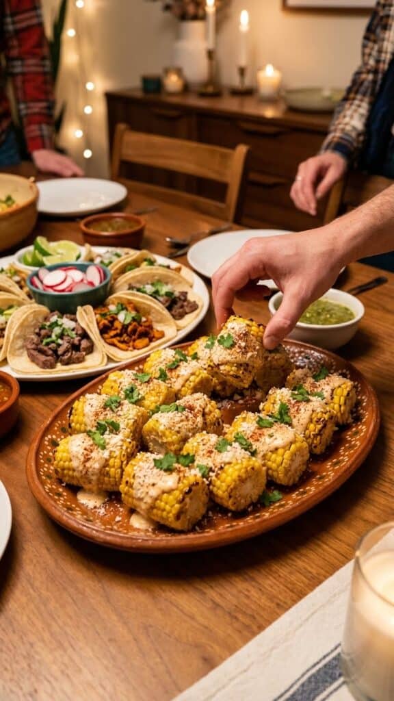 A platter of halved Mexican corn on the cob served with tacos for dinner.