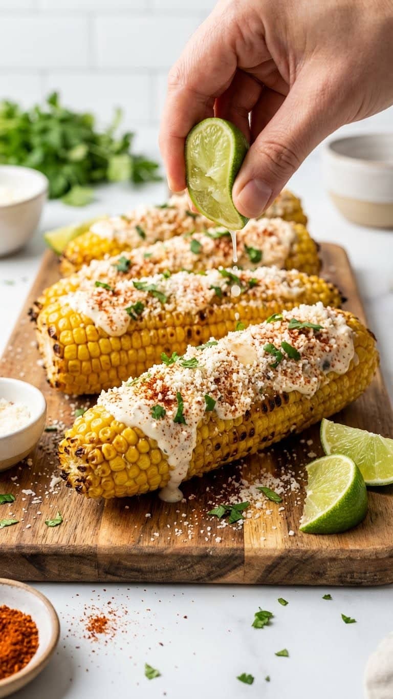 Air fryer roasted corn on the cob coated in mayonnaise, cotija cheese, and chili powder.