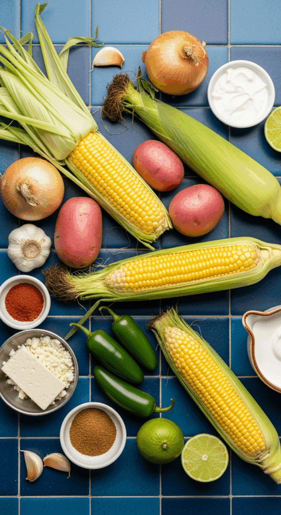 Overhead view of ingredients for corn chowder: fresh corn on the cob, potatoes, jalapeños, cotija cheese, cream, limes, and spices on a tiled surface.