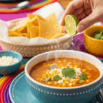 A hand squeezing a lime wedge over a bowl of Mexican corn chowder, served with tortilla chips on a colorful table.