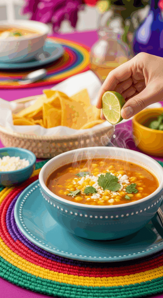 A hand squeezing a lime wedge over a bowl of Mexican corn chowder, served with tortilla chips on a colorful table.