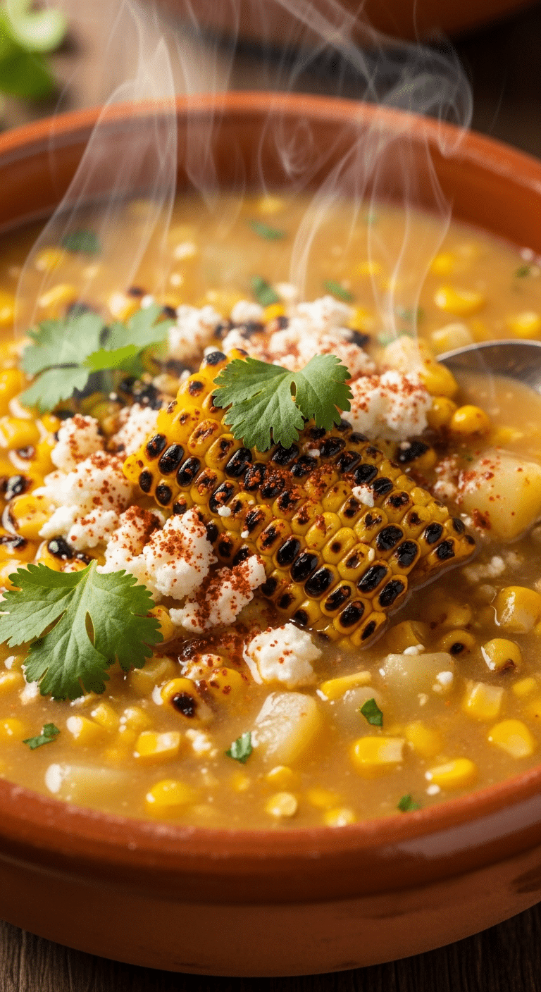A close-up photograph of a bowl of creamy Mexican street corn chowder topped with charred corn, cotija cheese, chili powder, and cilantro.