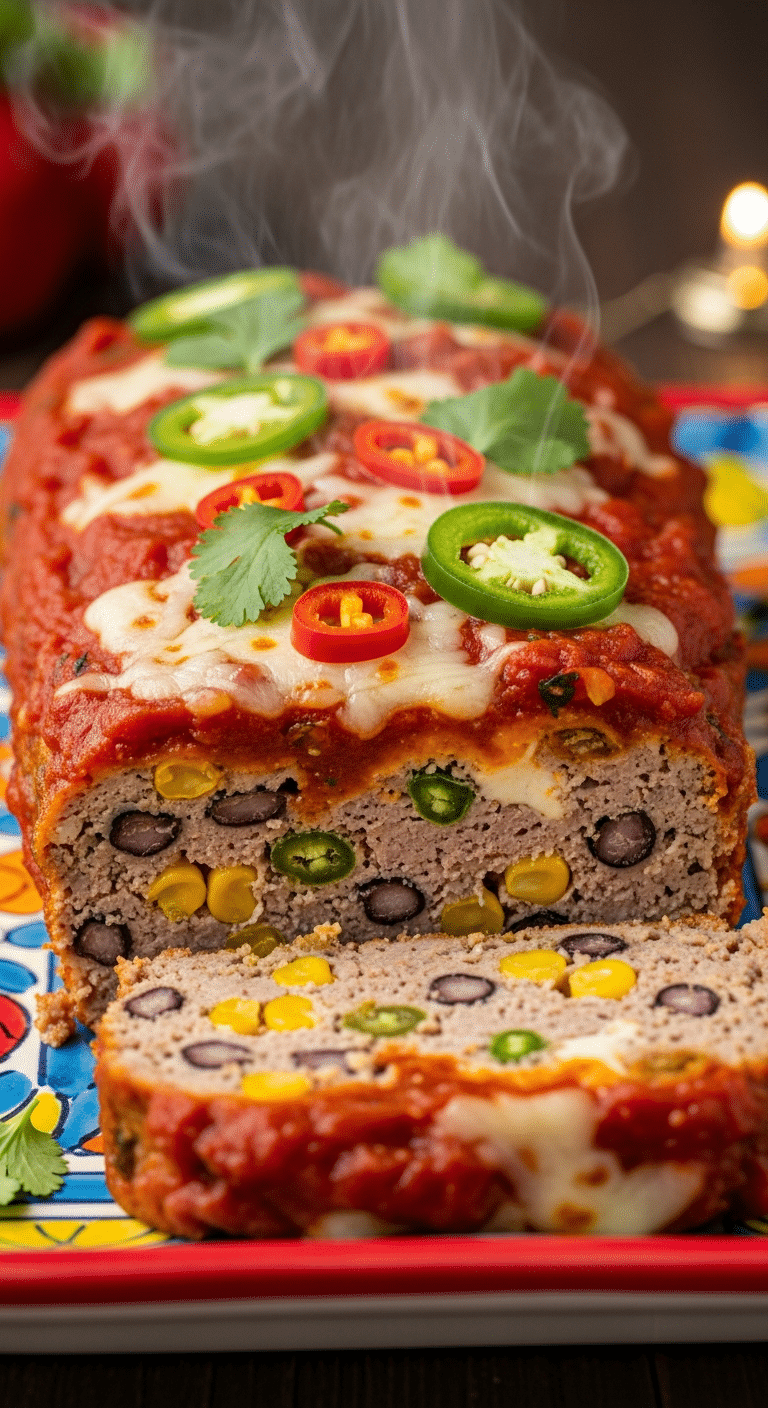 A sliced turkey meatloaf topped with salsa and melted cheese, showing corn and black beans inside, served on a colorful platter.
