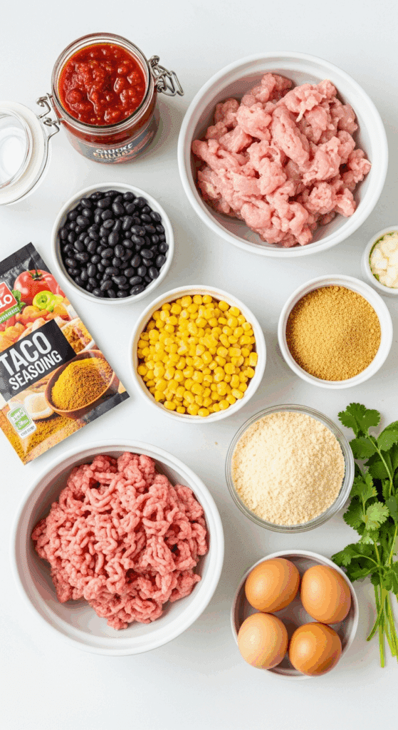 Overhead view of ingredients for Mexican meatloaf: ground turkey, black beans, corn, salsa, taco seasoning, and cilantro arranged on a white counter.