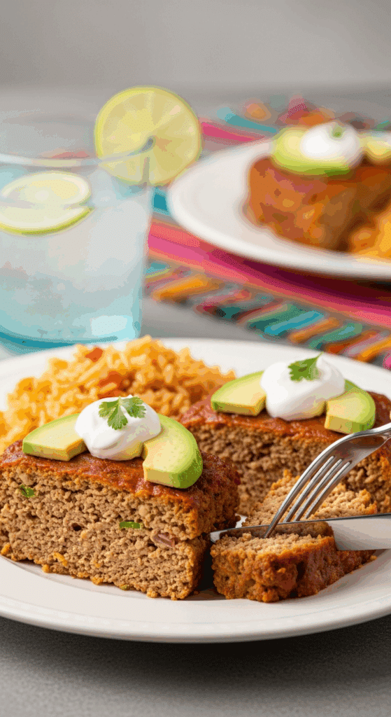 Plated slices of Mexican turkey meatloaf served with avocado, sour cream, and Spanish rice on a dinner table.