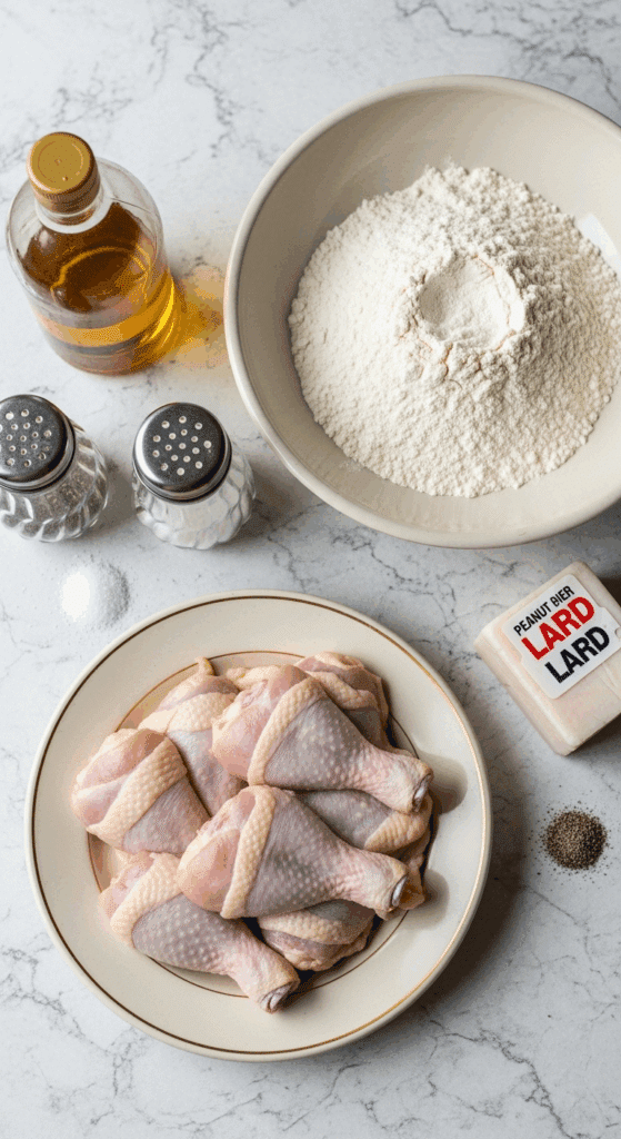 Raw ingredients for fried chicken including chicken parts, flour, salt, pepper, and frying fat laid out on a counter.