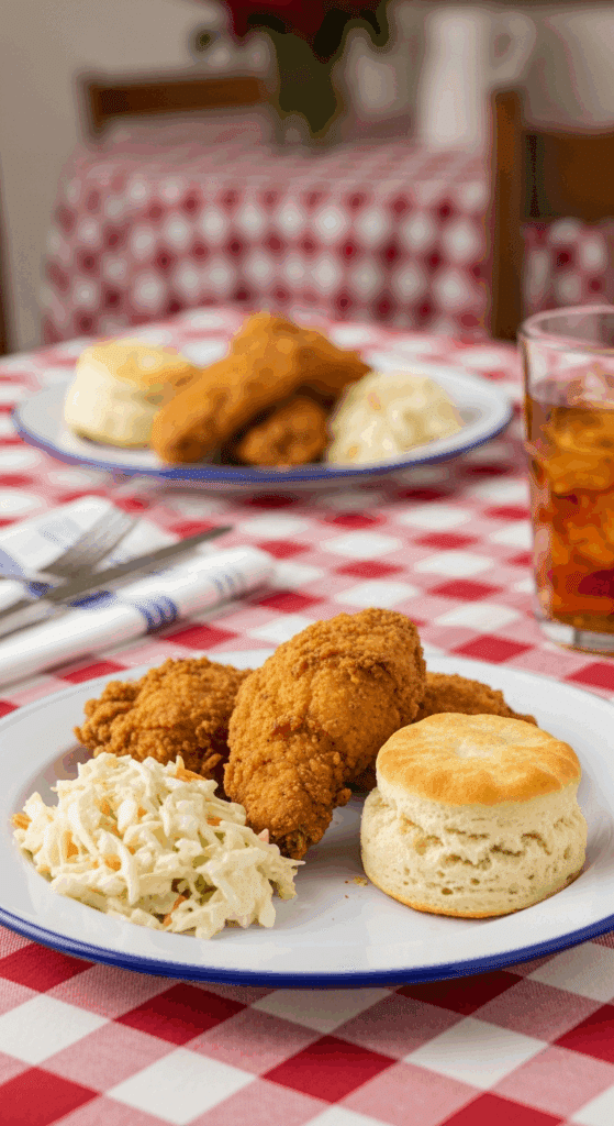 Plated fried chicken served with coleslaw and a biscuit on a checkered tablecloth setting.