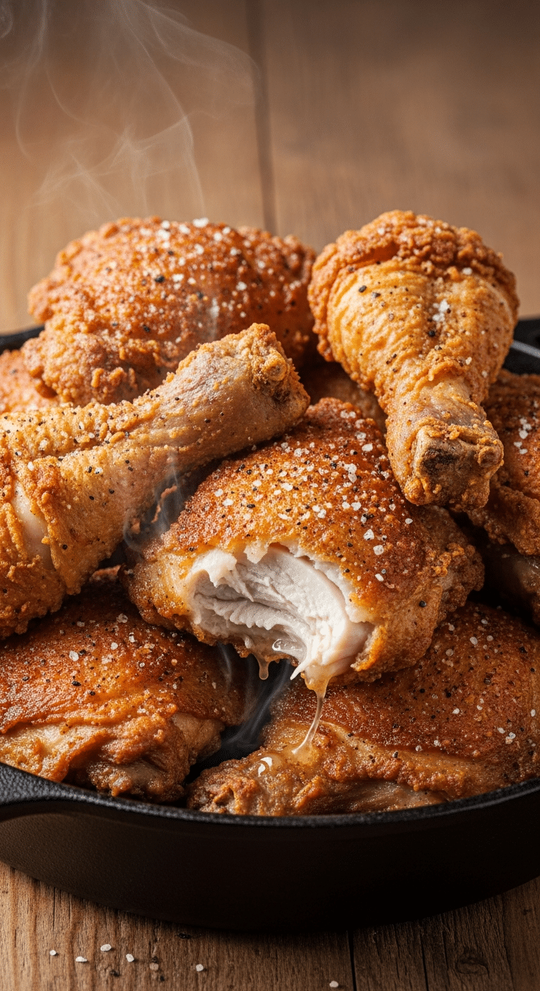 Close-up of crispy, golden-brown Millie Pasquinelli's fried chicken piled in a cast iron skillet, with one piece showing the juicy interior.