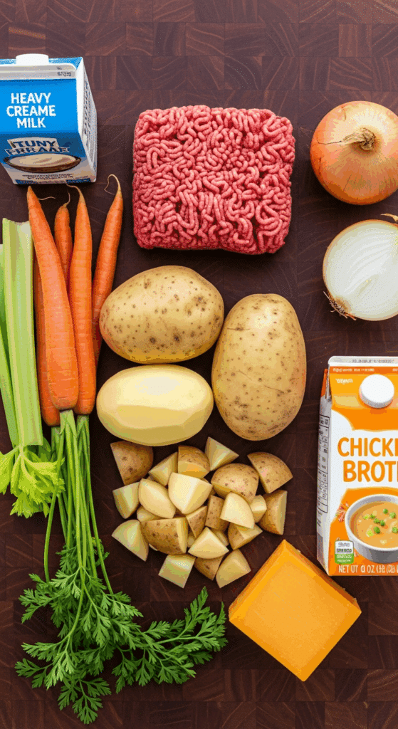 Overhead view of ingredients for Minister's Delight soup: ground beef, potatoes, carrots, celery, onion, cream, and broth arranged on a wooden table.