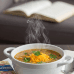 A bowl of creamy beef and potato soup topped with cheese and parsley, served with saltine crackers in a cozy setting.