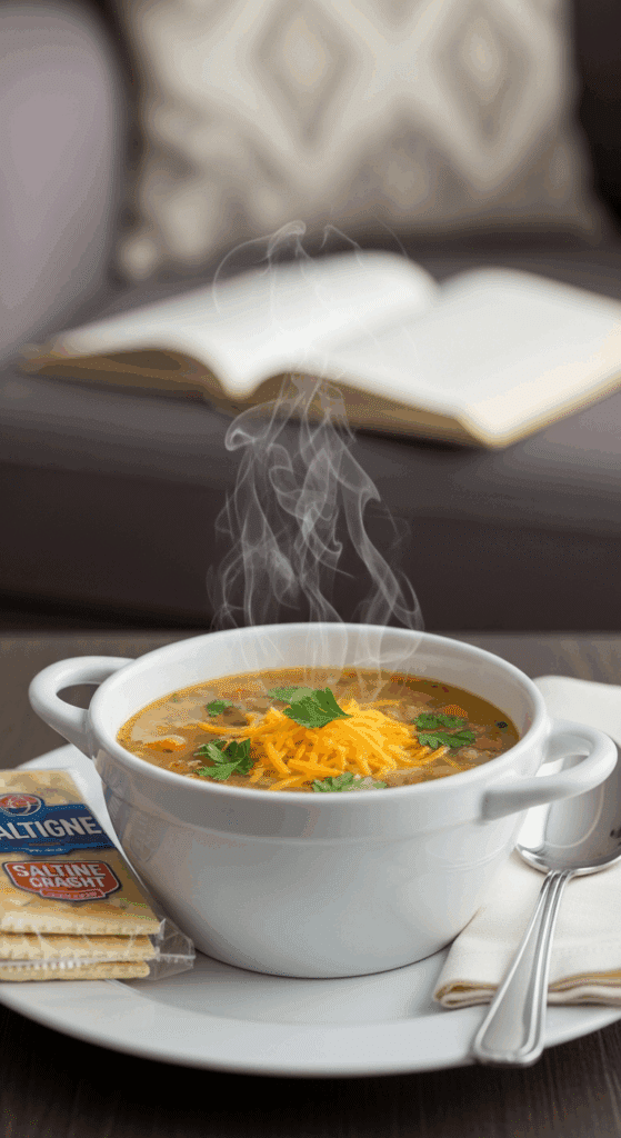 A bowl of creamy beef and potato soup topped with cheese and parsley, served with saltine crackers in a cozy setting.