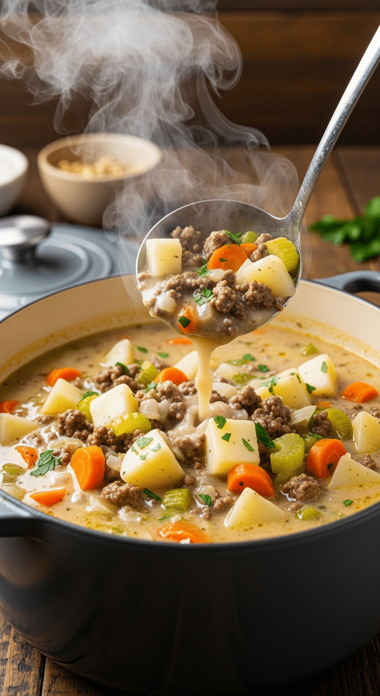 A large pot of creamy Minister's Delight soup filled with ground beef, potatoes, and carrots, with a ladle lifting a serving to show the thick texture.