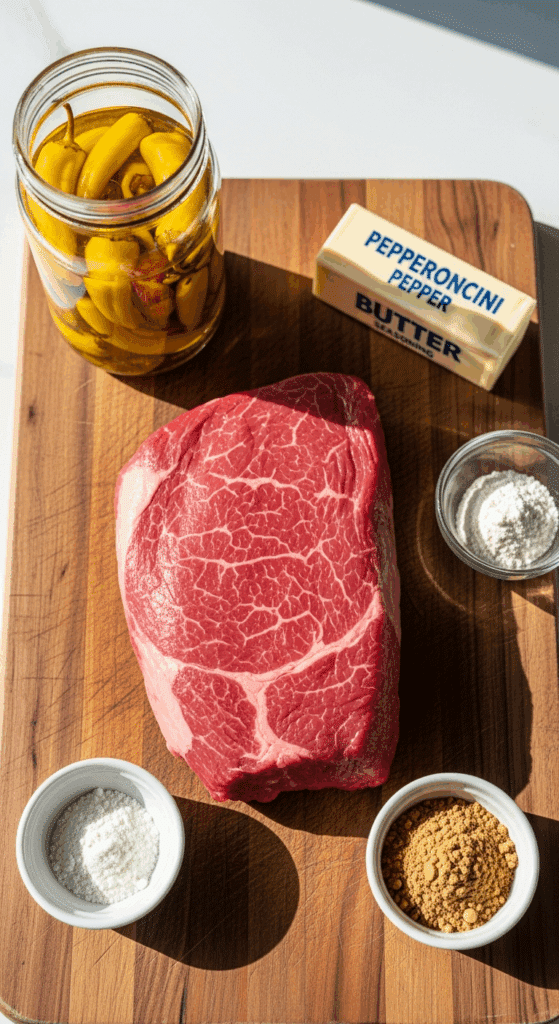 The five ingredients for Mississippi Roast: beef, pepperoncini, butter, ranch mix, and au jus mix.