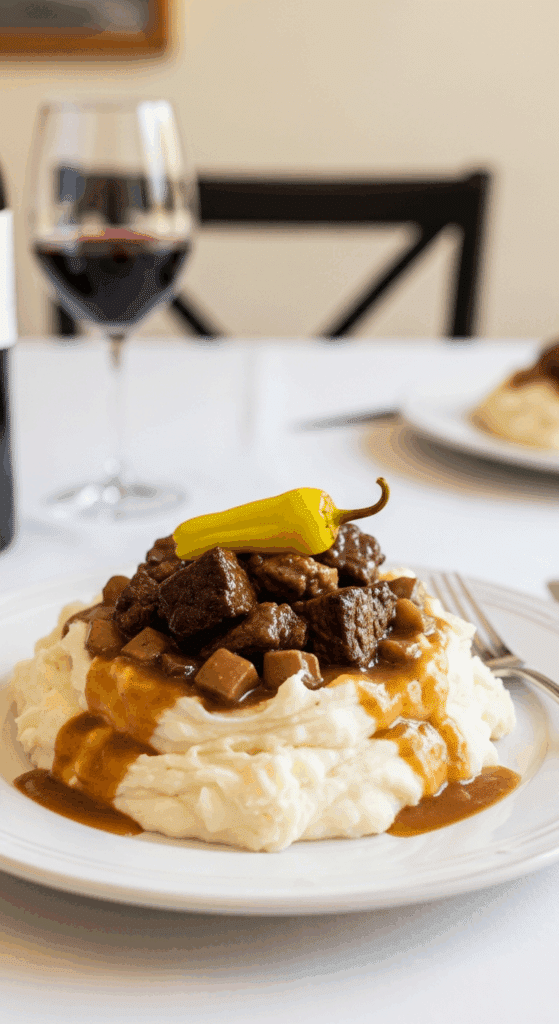Plated Mississippi Roast served over creamy mashed potatoes with gravy and a pepper garnish.