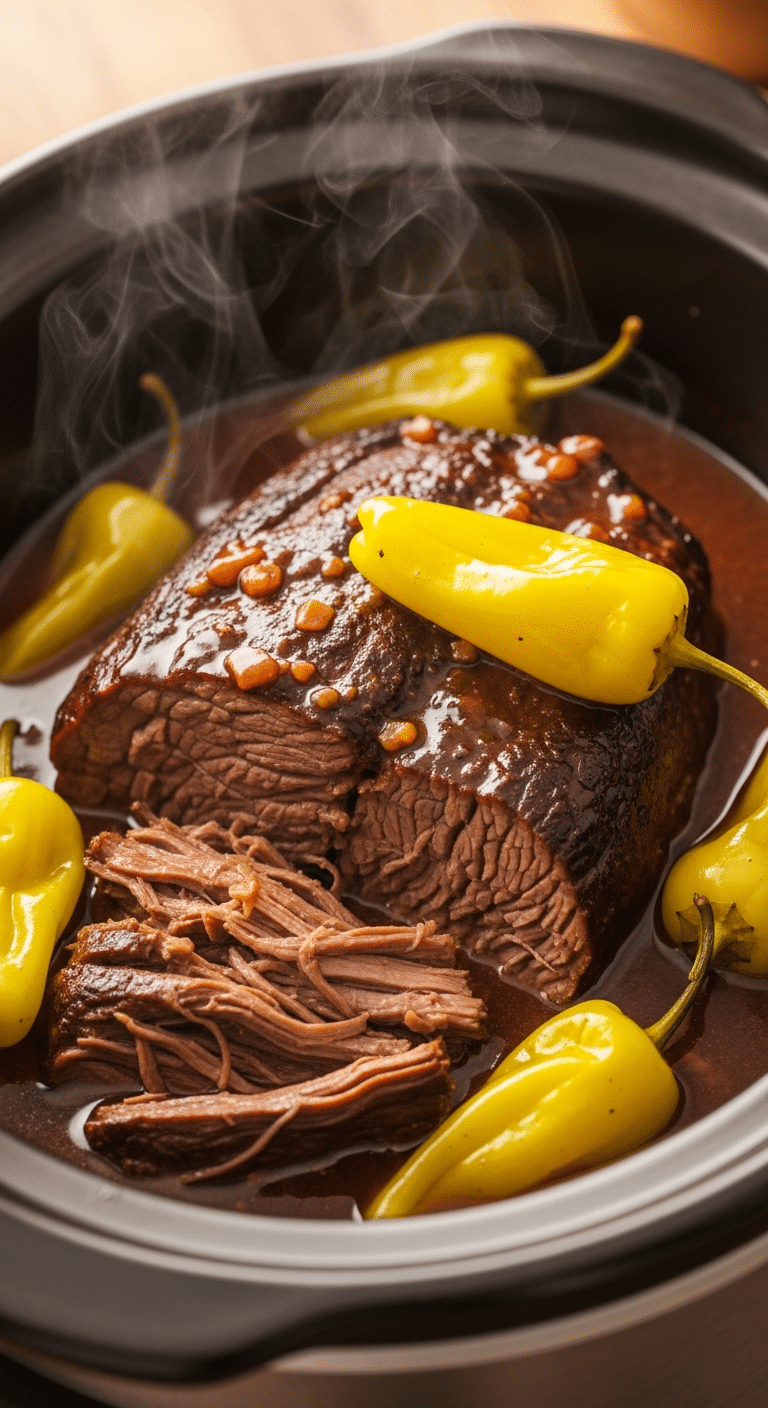 Mississippi Roast in a slow cooker with shredded beef, rich gravy, and whole pepperoncini peppers.