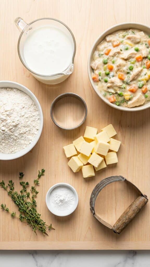 Ingredients for biscuit pot pies including pot pie filling, flour, buttermilk, butter, and a biscuit cutter.