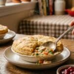 A spoon breaking into a biscuit-topped chicken pot pie to reveal the creamy filling inside.