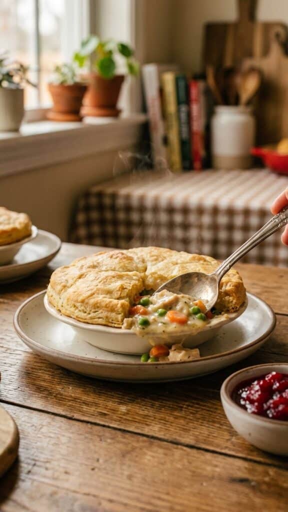 A spoon breaking into a biscuit-topped chicken pot pie to reveal the creamy filling inside.