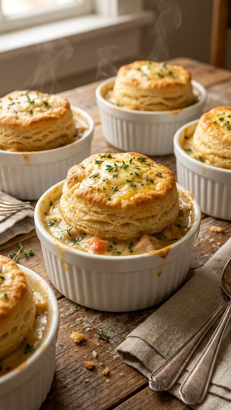 Close-up of individual chicken pot pies in ramekins topped with large, golden-brown fluffy biscuits.