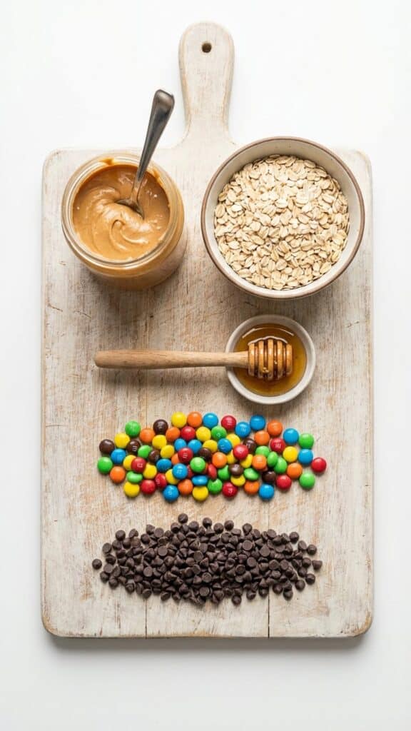 Flat lay of ingredients for energy bites including oats, peanut butter, and M&Ms.