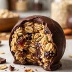 Close-up of a bitten peanut butter oatmeal energy ball.
