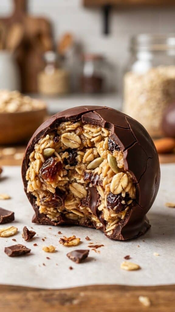 Close-up of a bitten peanut butter oatmeal energy ball.