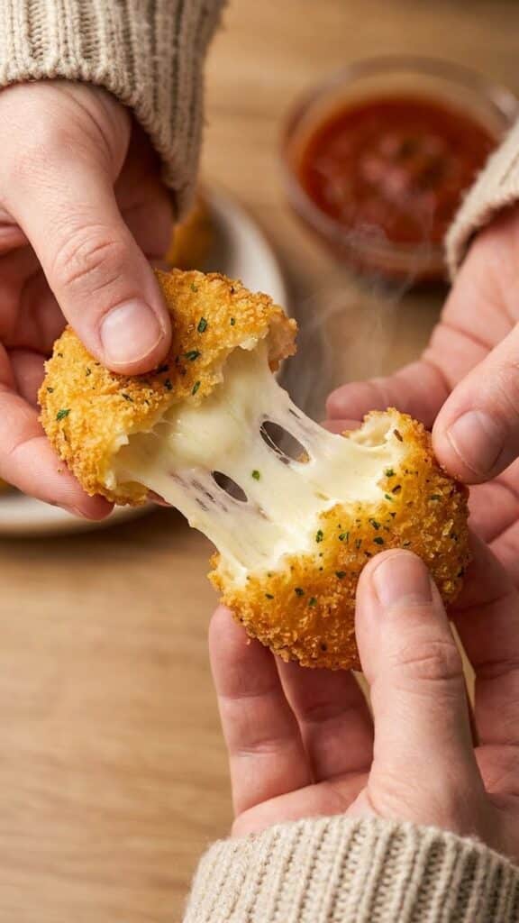 Close-up of a fried cheese bite being pulled apart with stretchy cheese.