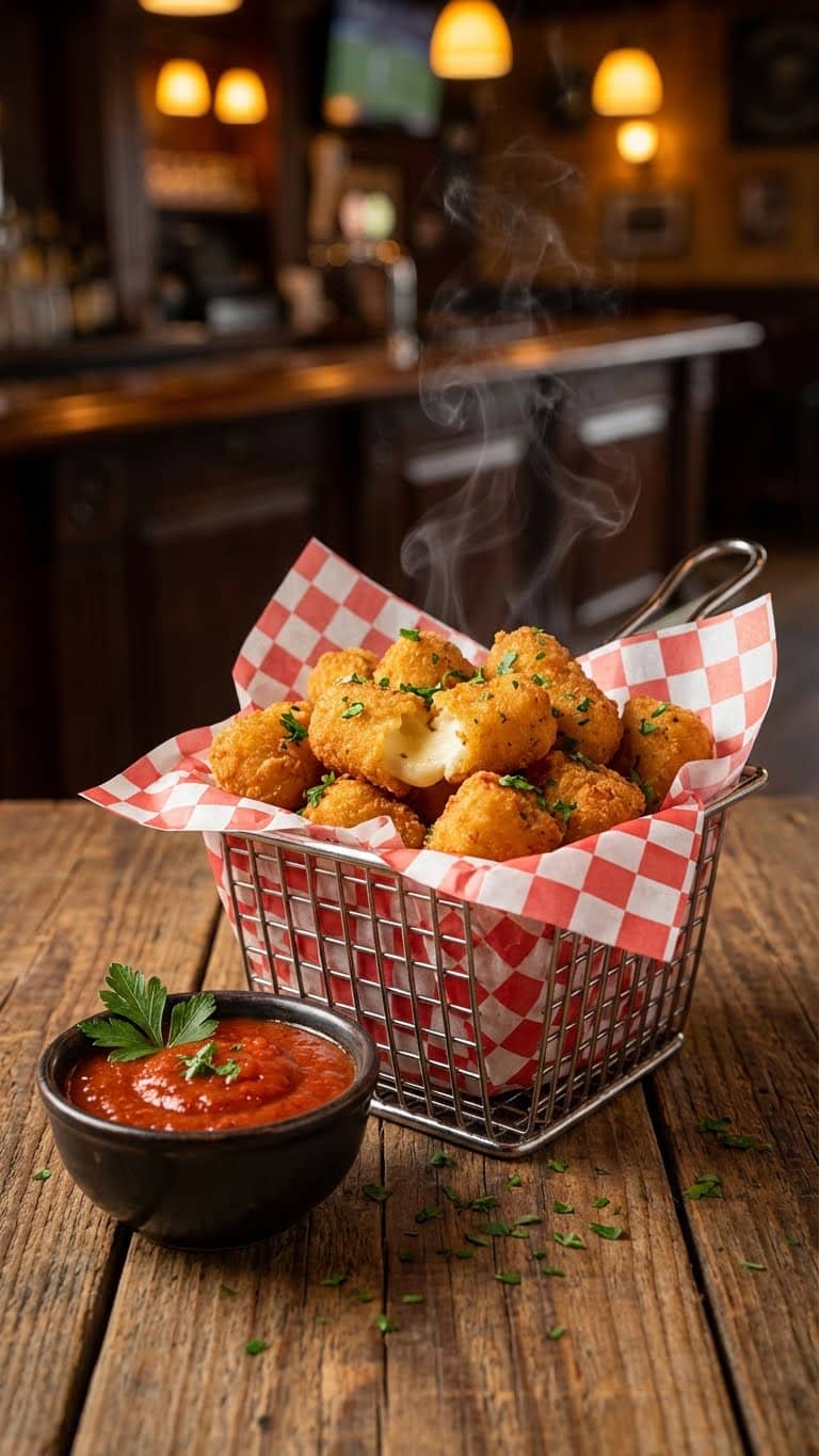 Basket of crispy fried mozzarella bites with marinara sauce.