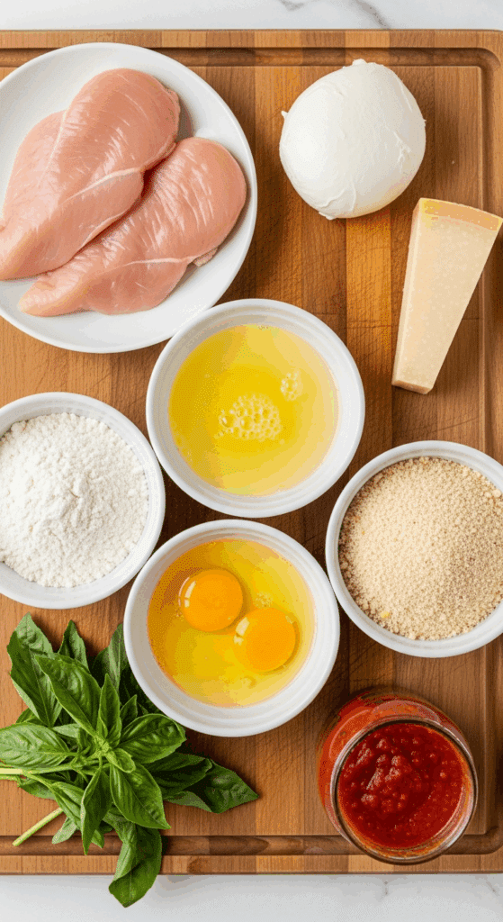 Raw ingredients for Chicken Parmesan including chicken cutlets, breading station bowls, mozzarella, and marinara sauce.