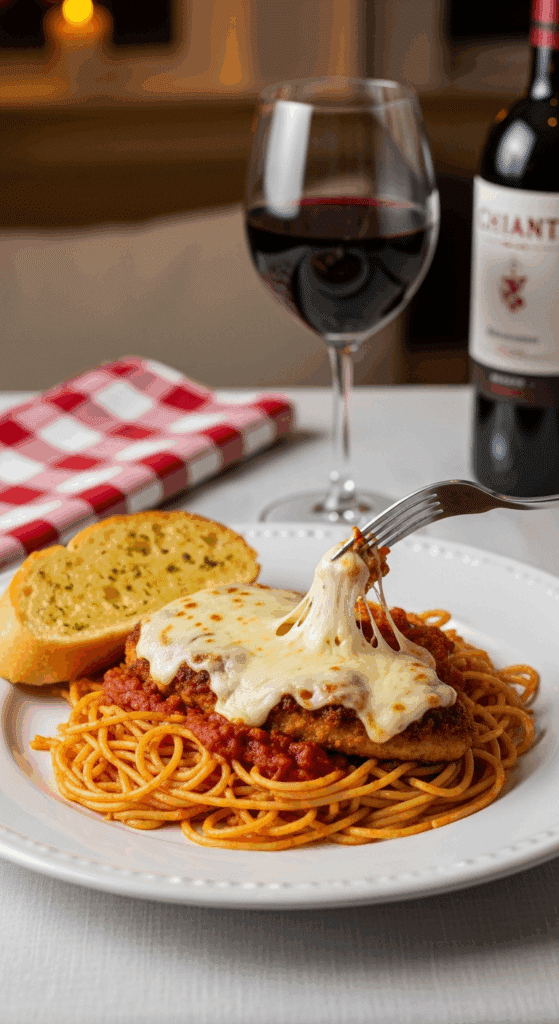 Plated Chicken Parmesan served over spaghetti with garlic bread and a glass of red wine.