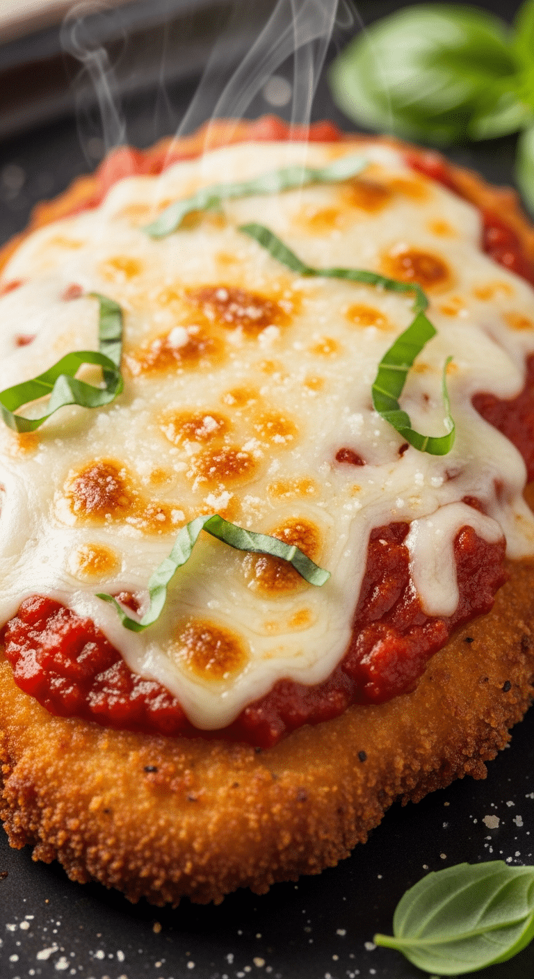 Close-up of a crispy Chicken Parmesan cutlet topped with marinara sauce, bubbling melted mozzarella, and fresh basil.