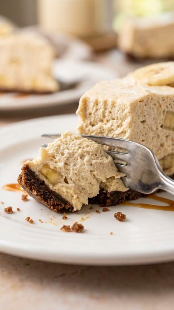 Close-up of a fork cutting into a creamy slice of no-bake banana cheesecake.