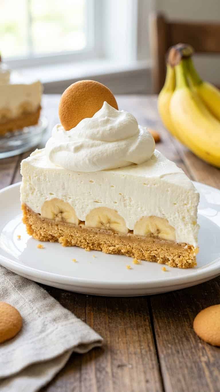 A slice of no-bake banana cheesecake with a vanilla wafer crust and fresh banana layer.