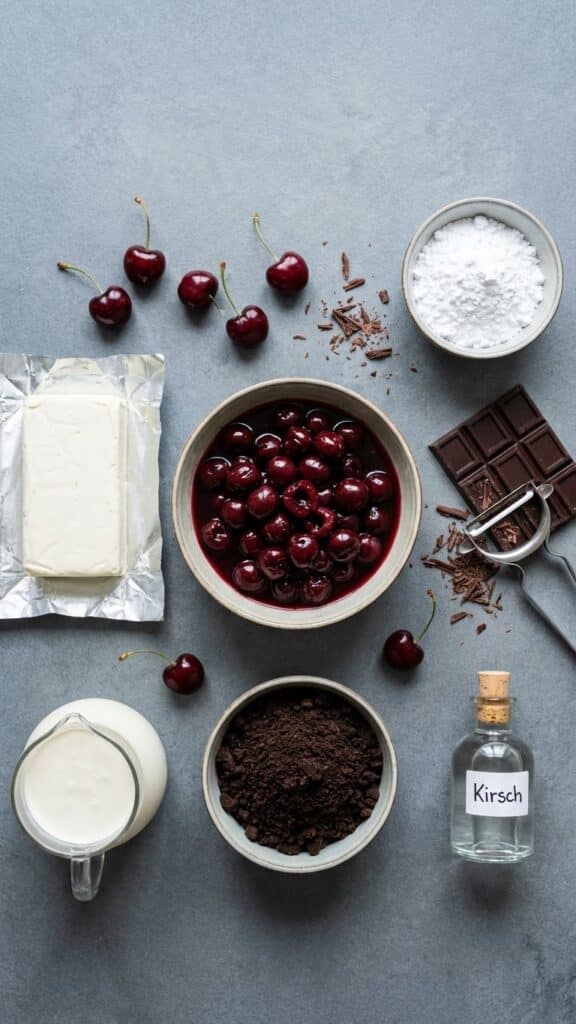 Overhead view of ingredients for Black Forest Cheesecake, including cherries in syrup, cream cheese, chocolate cookies, heavy cream, and dark chocolate on a slate surface.