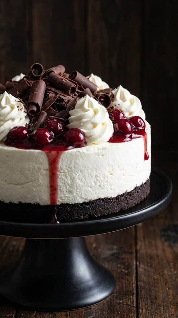 A close-up of a slice of No Bake Black Forest Cheesecake on a plate with a fork taking a bite, showing the creamy texture and cherry topping.