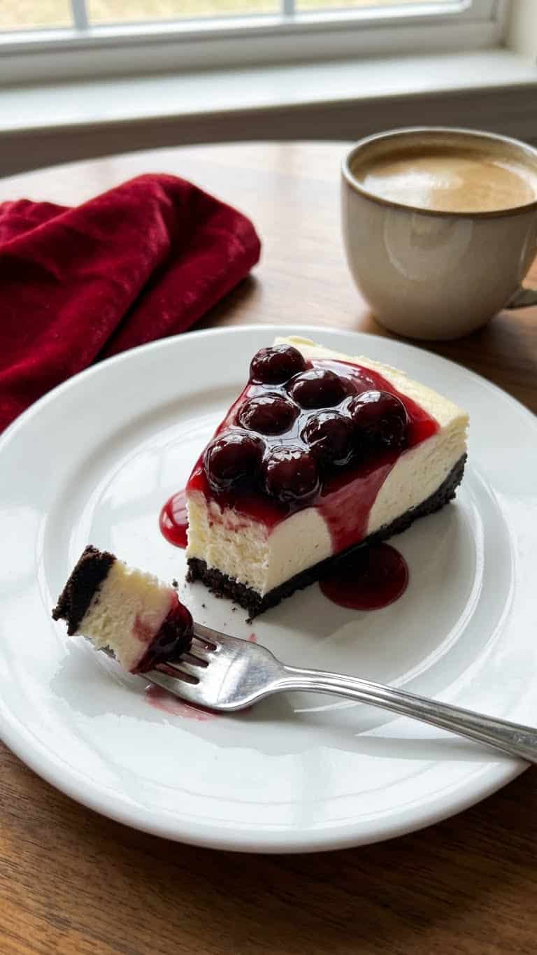 Whole No Bake Black Forest Cheesecake on a stand, topped with glossy cherries, whipped cream, and dark chocolate shavings, with sauce dripping down the side.