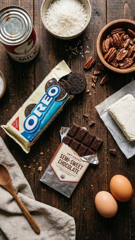 Ingredients for German chocolate pie including coconut, pecans, oreos, and evaporated milk.