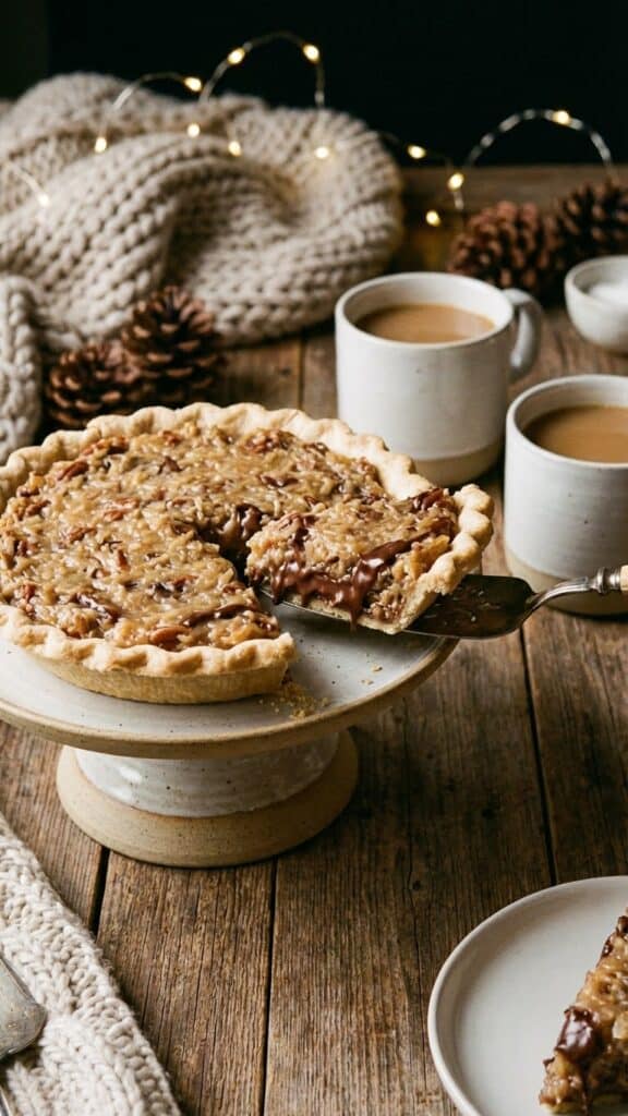 A whole German chocolate pie on a cake stand with a slice being served.