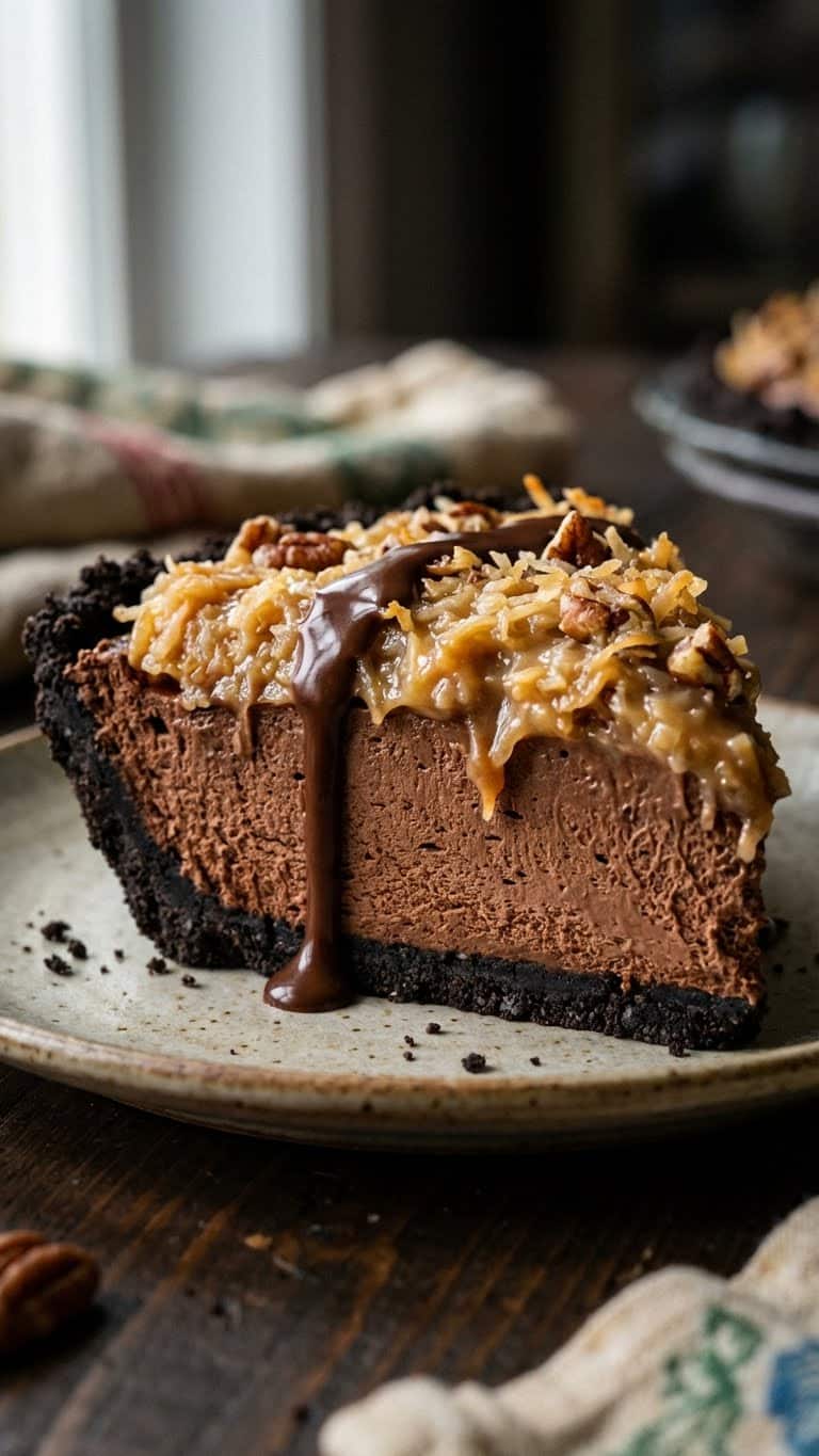 A slice of no-bake German chocolate pie with Oreo crust and coconut pecan topping.